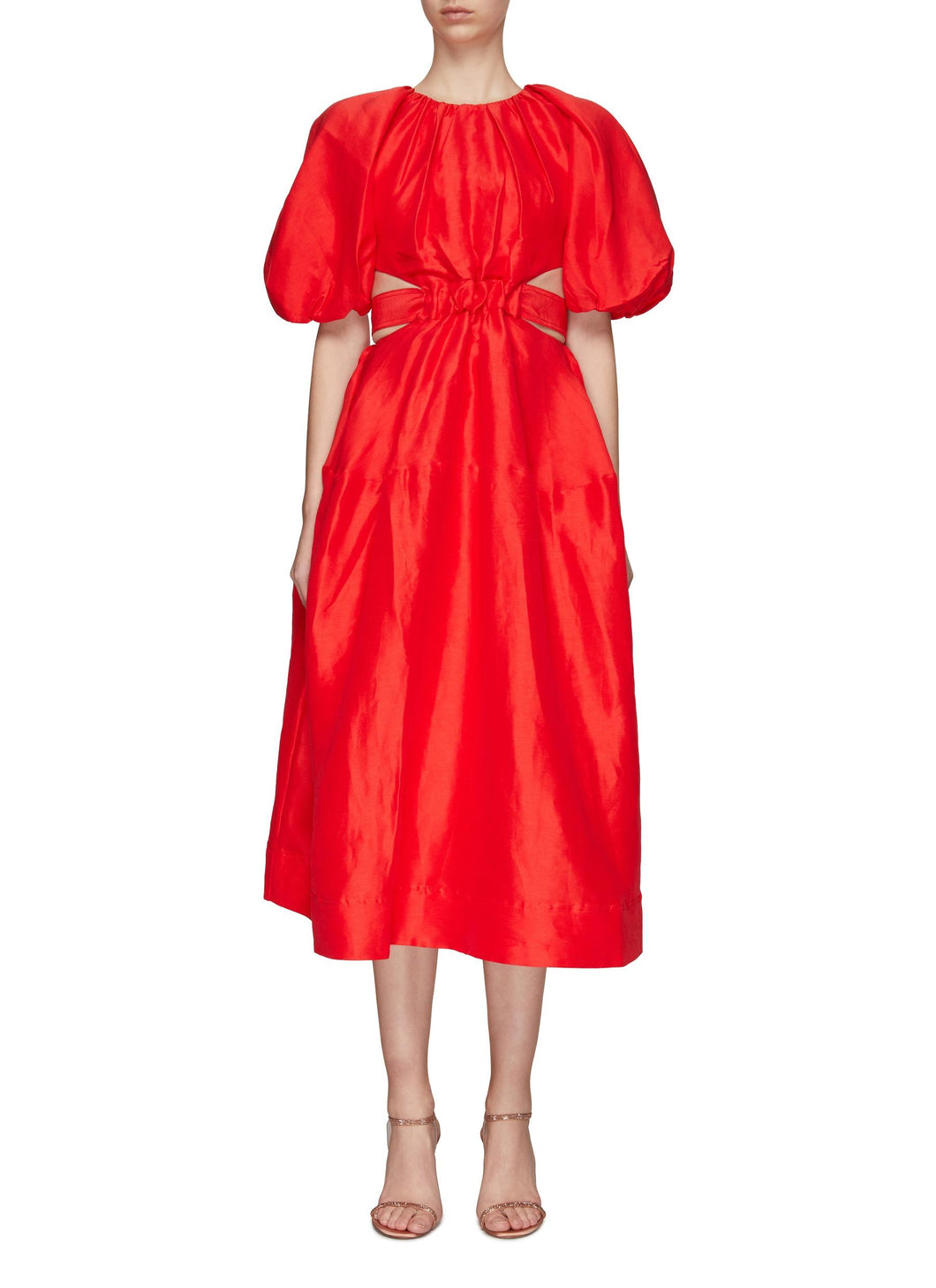‘MIMOSA’ CUTOUT DETAIL SILK LINEN PUFF SLEEVE MIDI DRESS