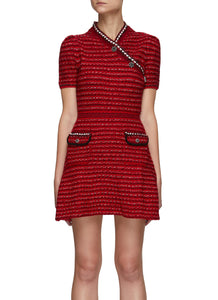 EMBELLISHED STRIPED COTTON WOOL BLEND KNIT DRESS