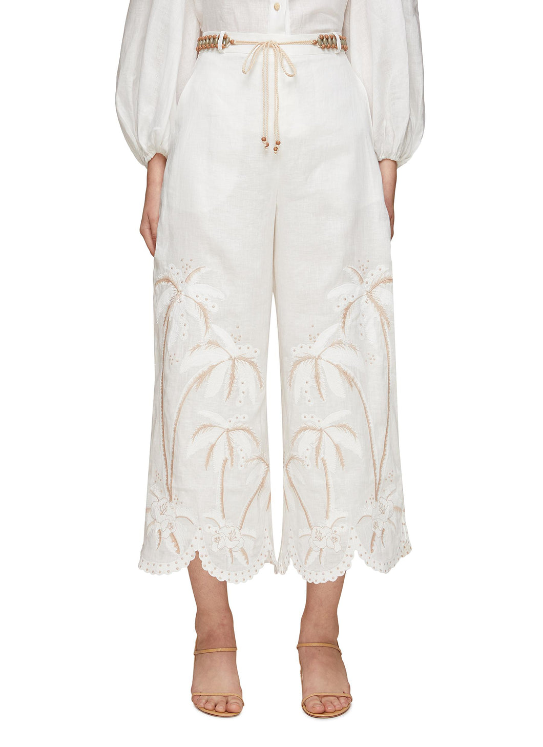 ‘LYRE’ BELTED PALM TREE EMBROIDERY LINEN PANTS