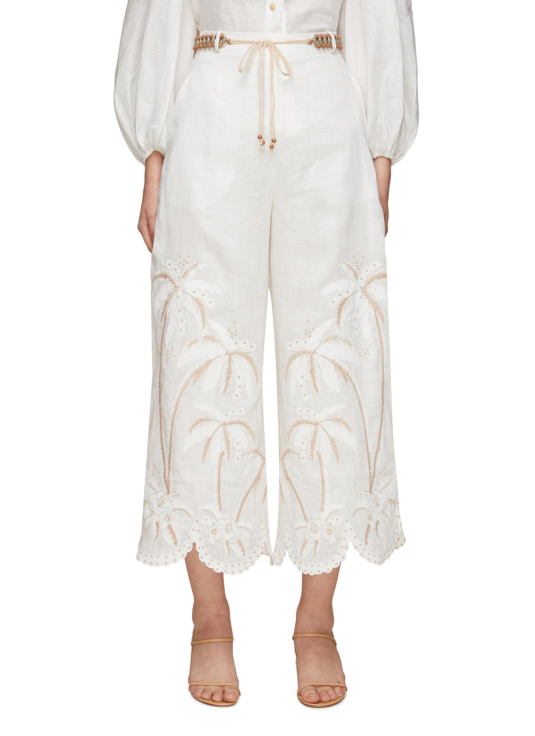 ‘LYRE’ BELTED PALM TREE EMBROIDERY LINEN PANTS